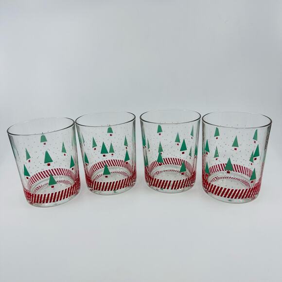 Luminarc Set of 4 Gobelets Glasses With Christmas Trees White Dot Red Stripes - Picture 2 of 5